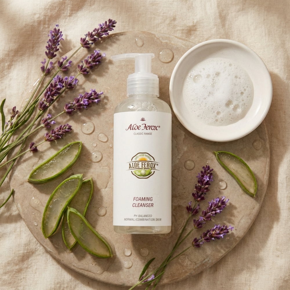 Aloe Ferox foaming cleanser bottle with aloe ferox leaves and lavender on a textured surface