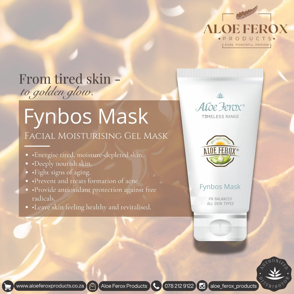Aloe Ferox Fynbos Mask packaging with product details on a honeycomb background
