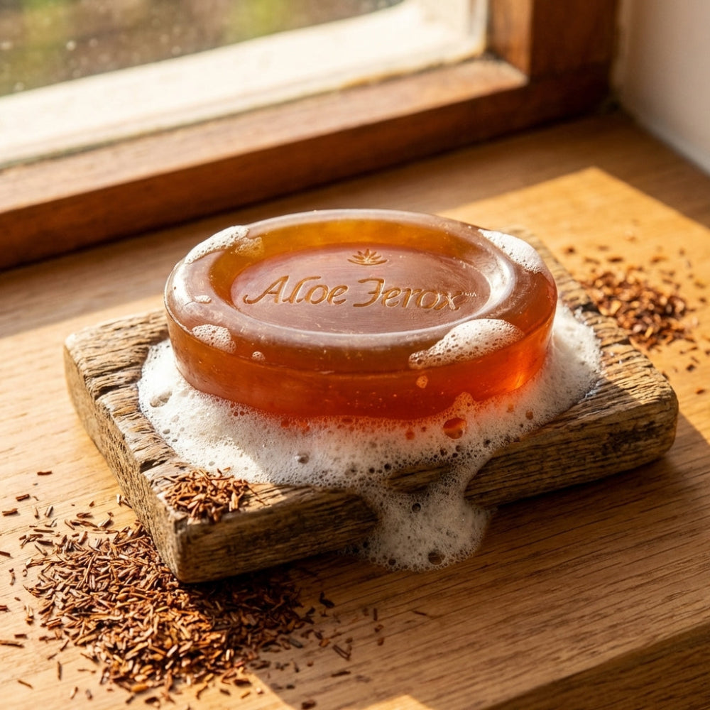 Aloe ferox soap on a wooden dish with a window in the background