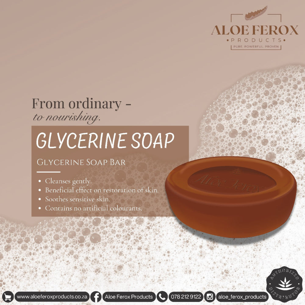 Glycerine soap bar with Aloe Ferox Products branding on a beige background