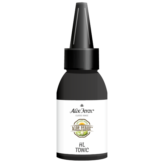 A bottle of Aloe Ferox HL Tonic on a white background