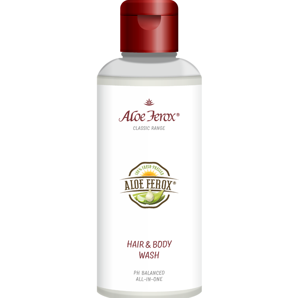 Aloe Ferox hair and body wash bottle with a red cap on a white background