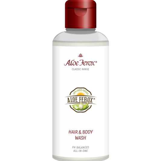Aloe Ferox hair and body wash bottle with a red cap on a white background