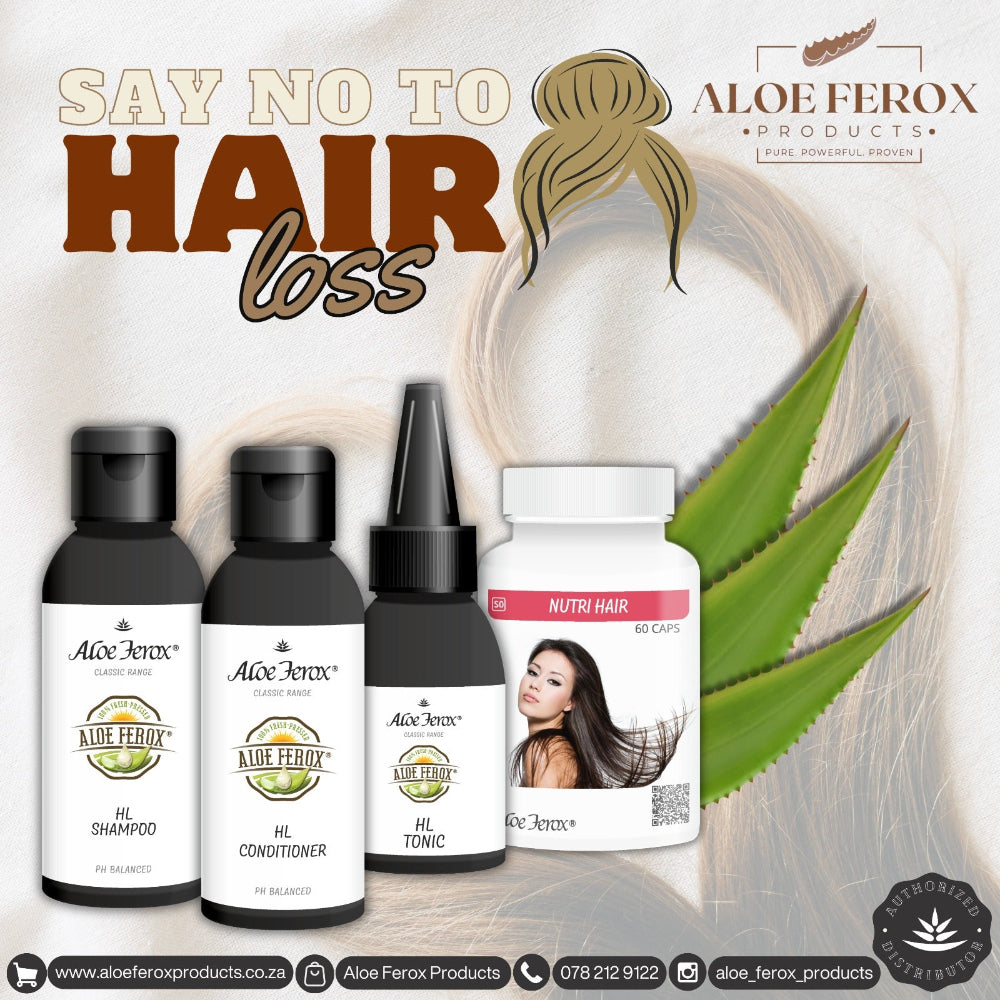 Aloe Ferox hair care products with a woman's face on a white background
