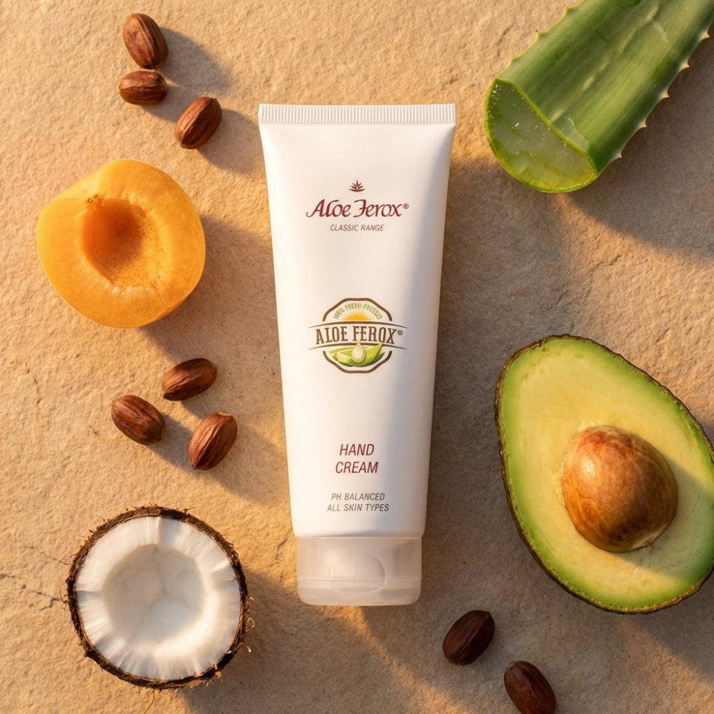 Aloe Ferox hand cream tube surrounded by natural ingredients on a beige surface