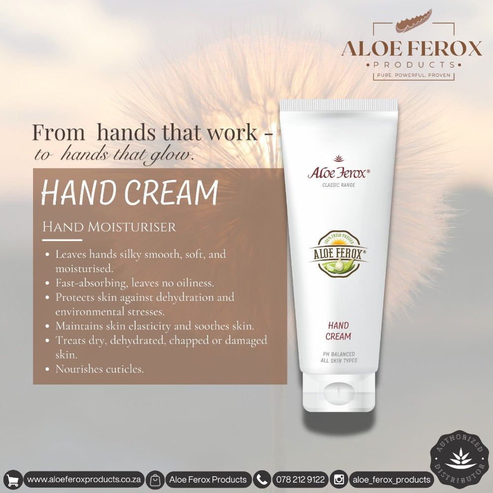 Aloe Ferox hand cream with product details on a light background