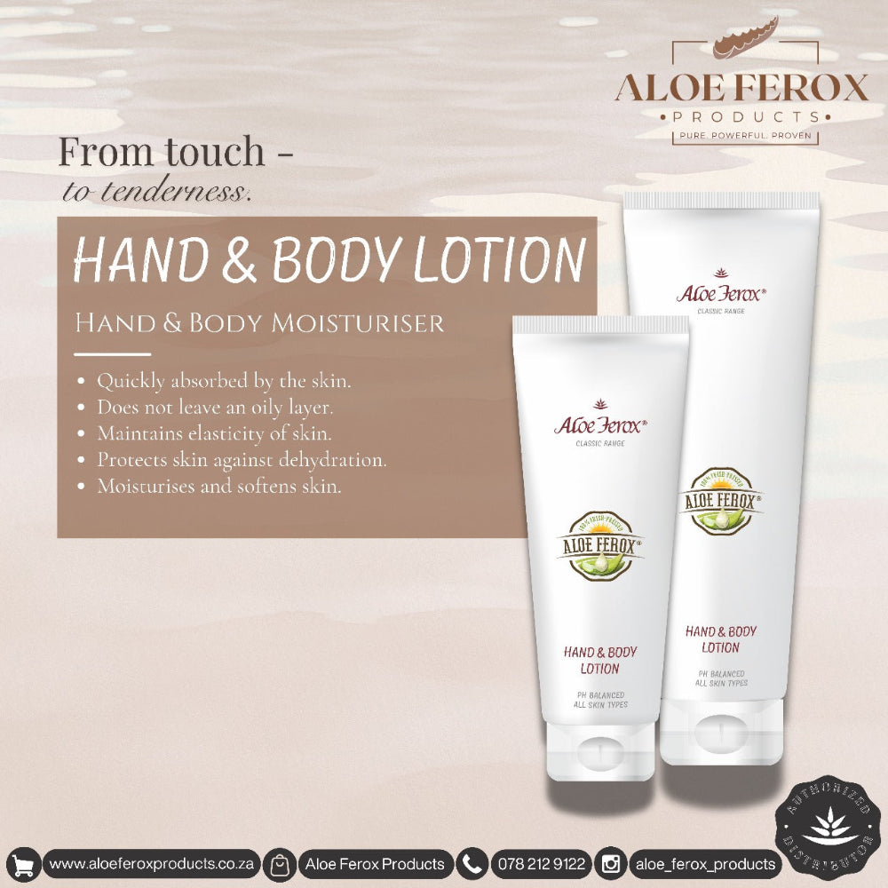 Aloe Ferox hand and body lotion with product details on a beige background