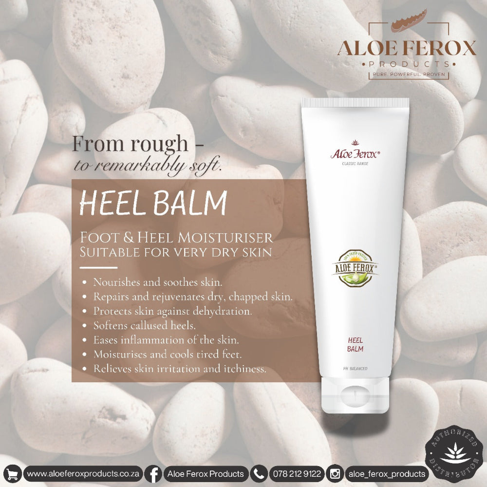 Aloe Ferox heel balm packaging with product description on a stone background