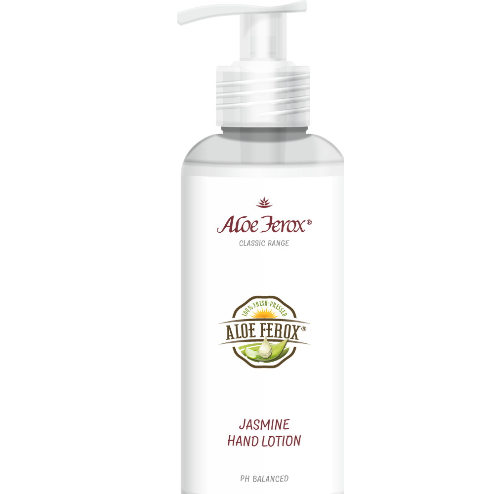 A bottle of Aloe Ferox Jasmine Hand Lotion on a white background