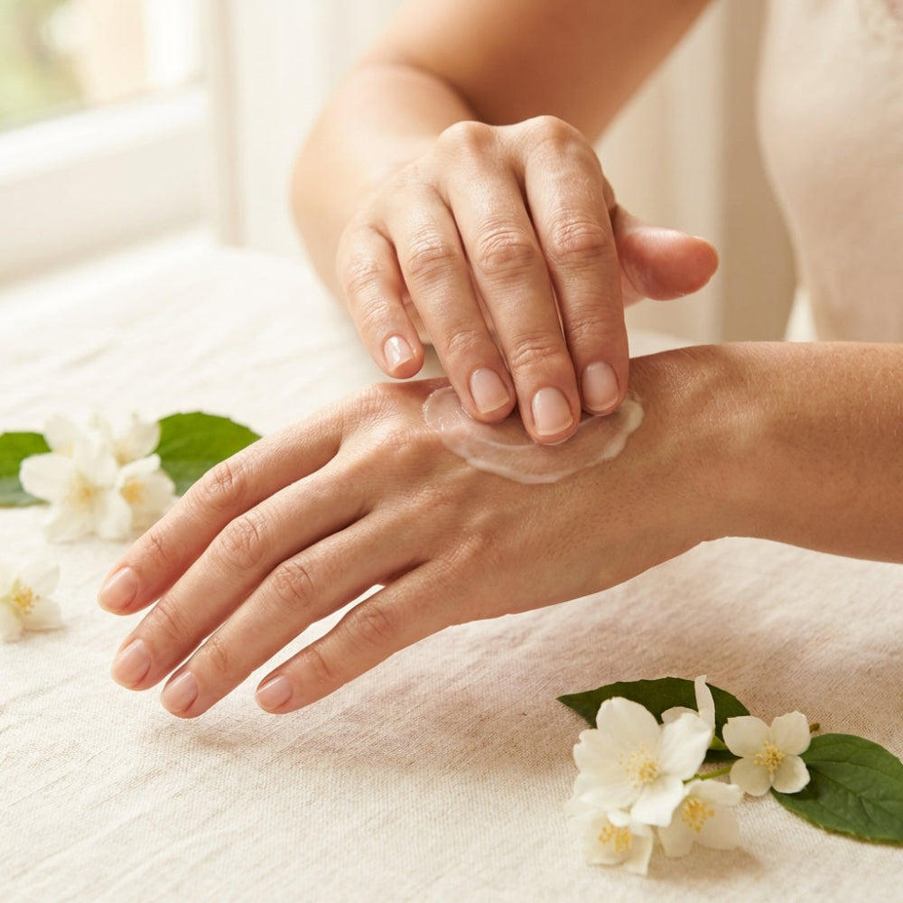 Person applying cream to their hand with white flowers in the background