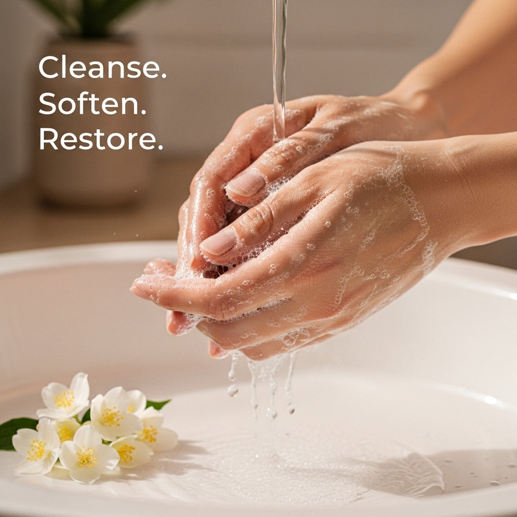 Person washing hands with water, surrounded by flowers, with text 'Cleanse. Soften. Restore.'