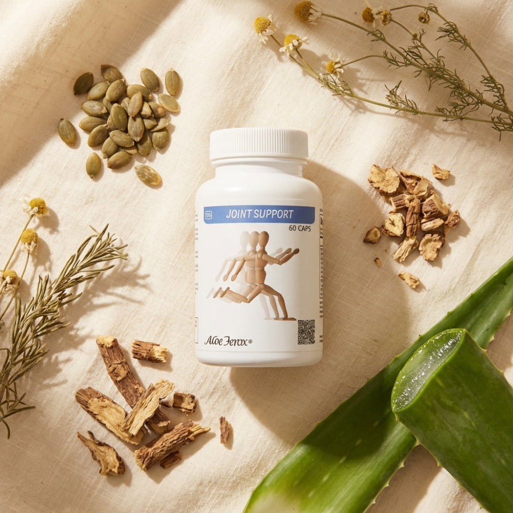 Joint support supplement bottle surrounded by natural ingredients on a light background