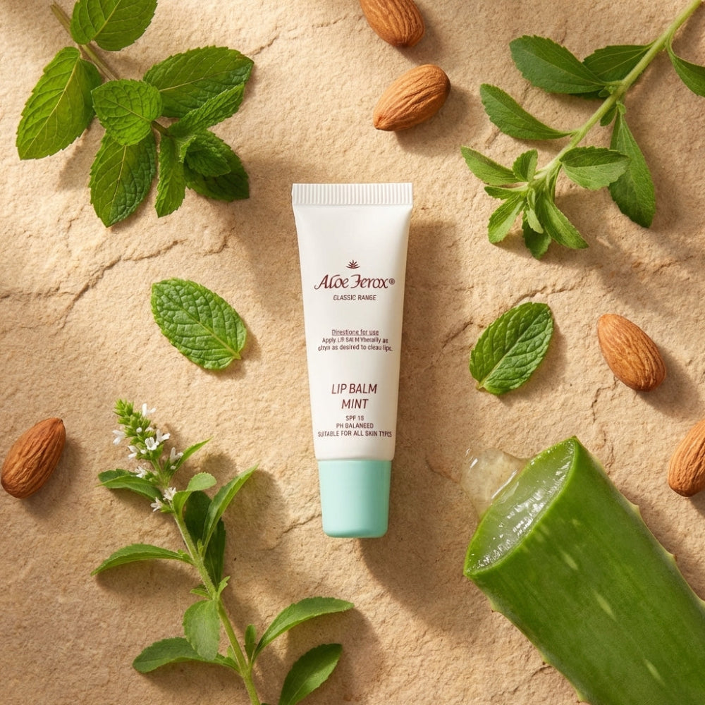 Aloe ferox lip balm with mint leaves and almonds on a beige background