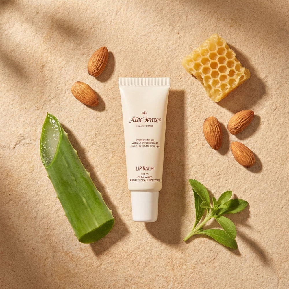 Lip balm tube with aloe ferox leaf, almonds, and honeycomb on a beige background