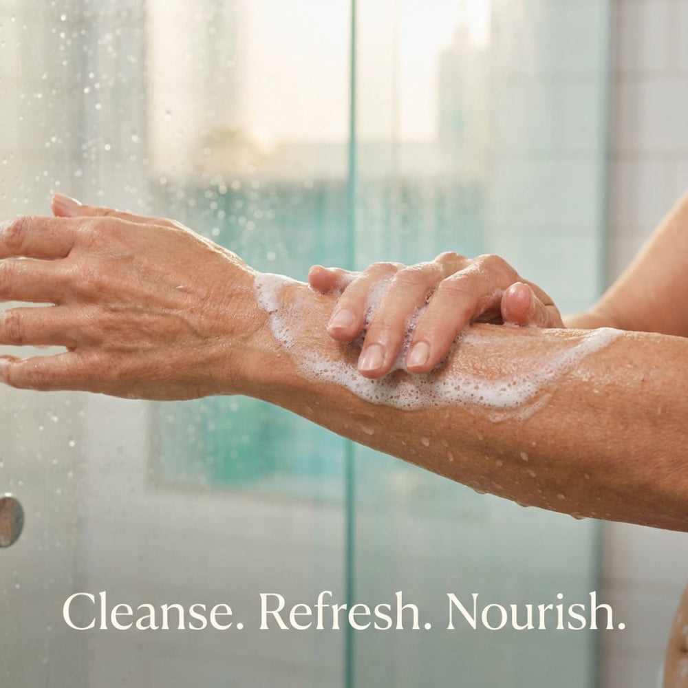 Person applying soap to their arm with a shower in the background, featuring the text 'Cleanse. Refresh. Nourish.'