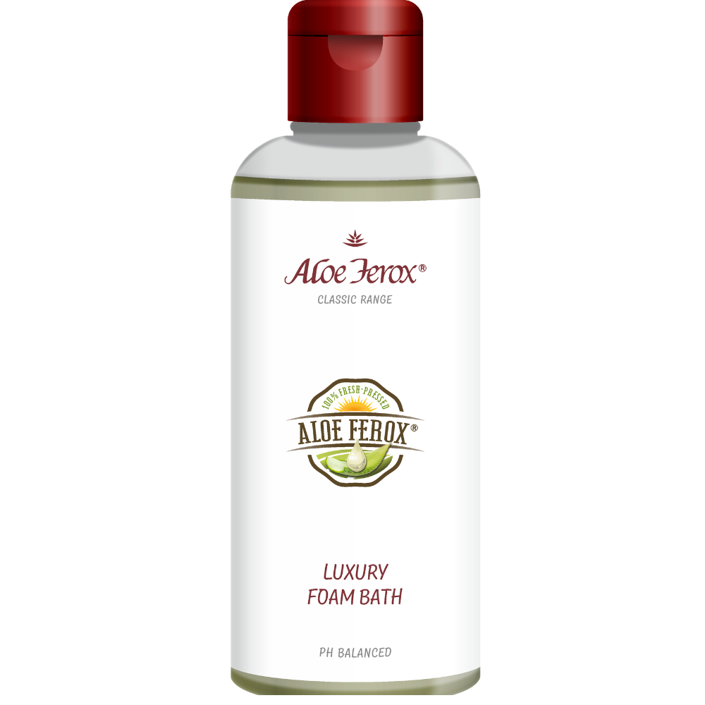 A bottle of Aloe Ferox luxury foam bath on a white background