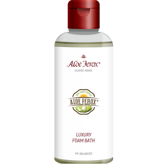 A bottle of Aloe Ferox luxury foam bath on a white background