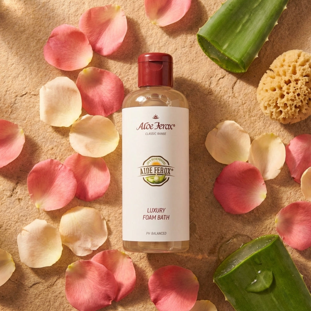 Bottle of Aloe Ferox Luxury Foam Bath surrounded by aloe ferox leaves and rose petals on a textured surface.