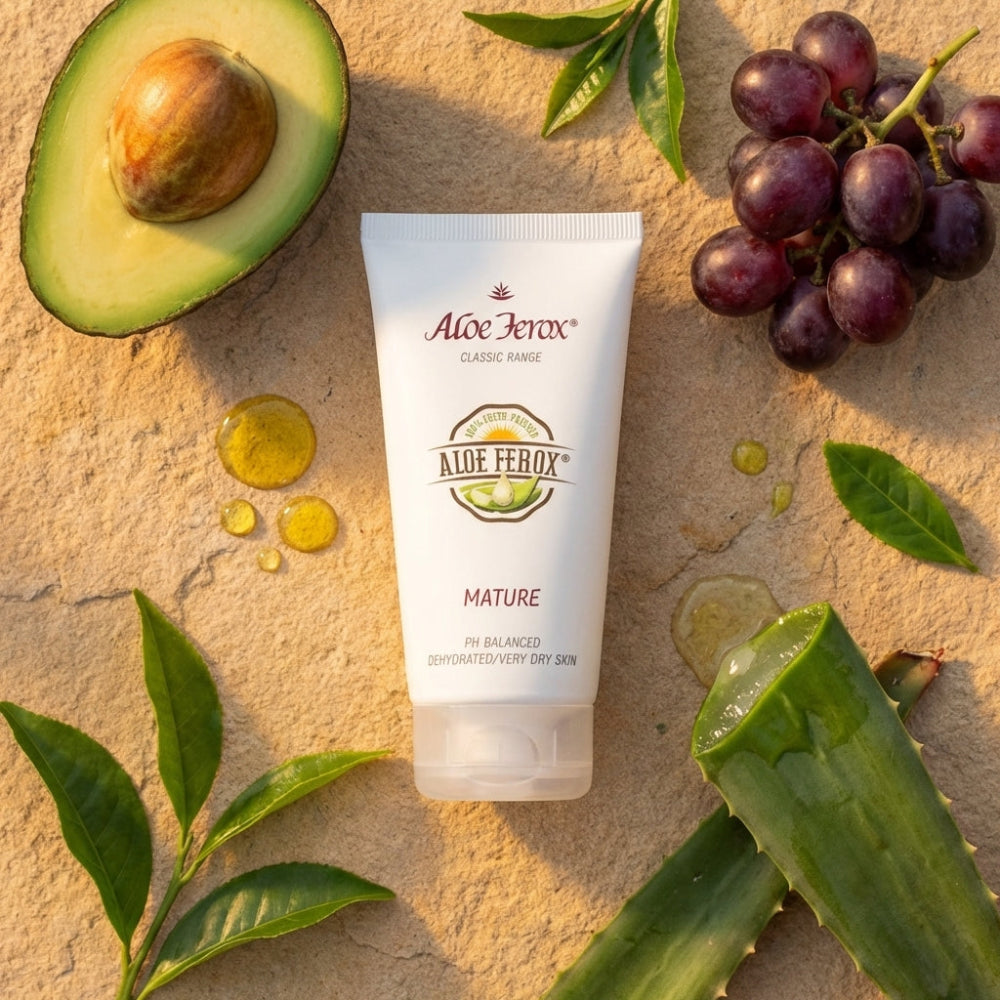 Aloe Ferox tube of skincare product with avocado, grapes, and aloe ferox leaves on a textured surface.