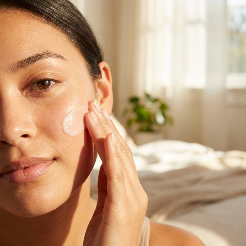 Woman applying cream to her face with a blurred indoor background