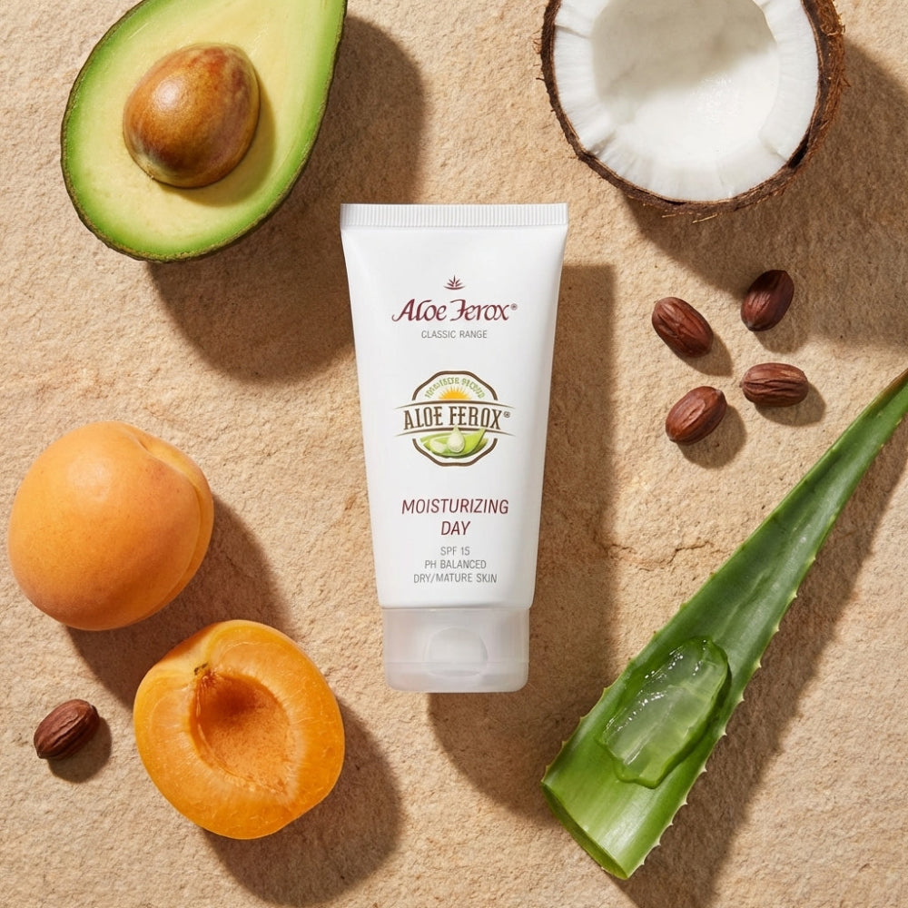 Aloe Ferox moisturizing day cream tube surrounded by avocado, apricot, coconut, and aloe ferox on a beige background