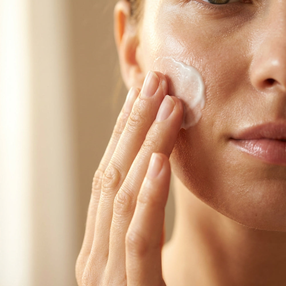Close-up of a person applying cream to their face with a blurred background