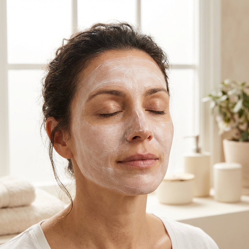 Woman applying a facial mask in a bright room with plants