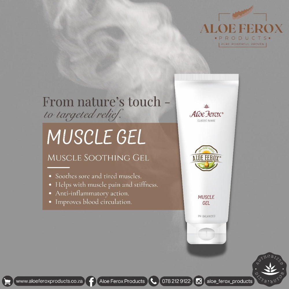 Aloe Ferox Muscle Gel packaging with product description on a gray background
