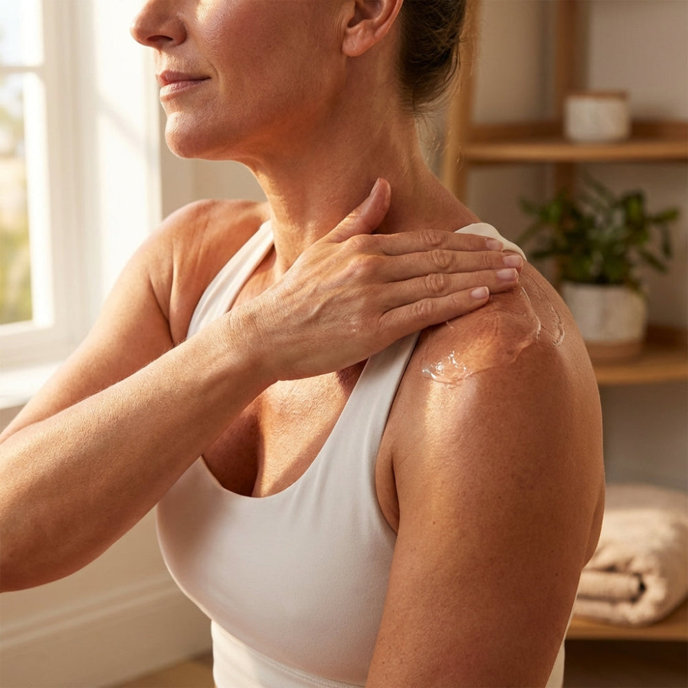 Woman applying lotion to her shoulder in a bright room with a window and shelves in the background.