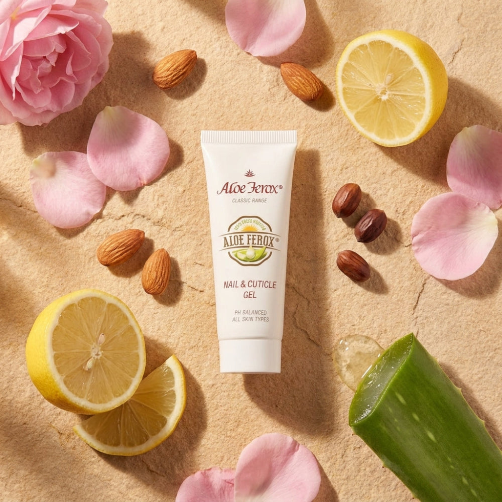 Aloe Ferox nail and cuticle gel tube surrounded by lemons, almonds, and pink flowers on a beige background