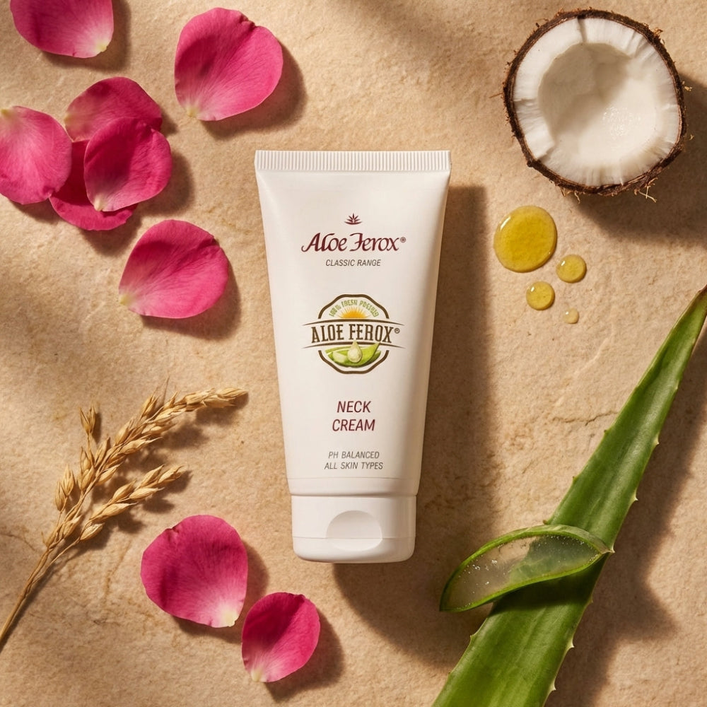 Aloe ferox neck cream on a natural stone surface with rose petals, coconut and aloe ferox leaves