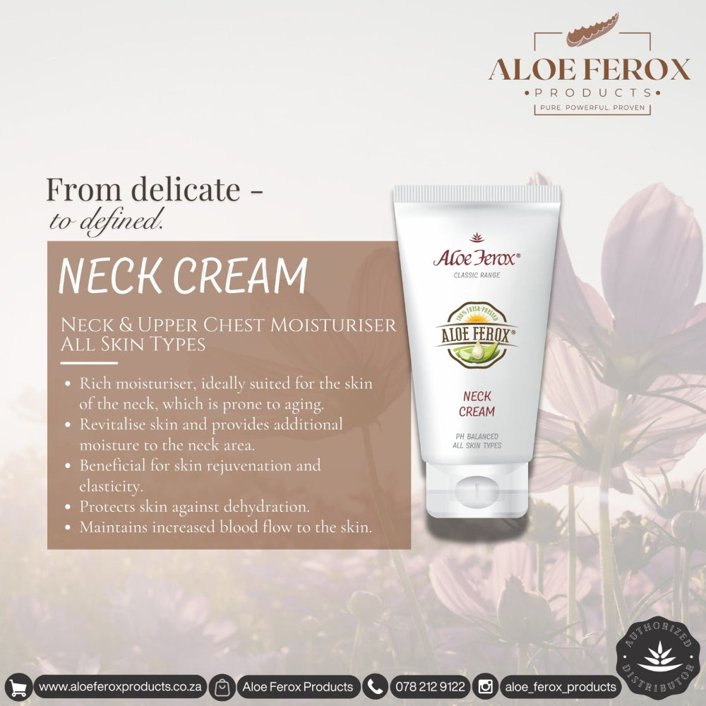 Aloe Ferox neck cream packaging with product description on a floral background