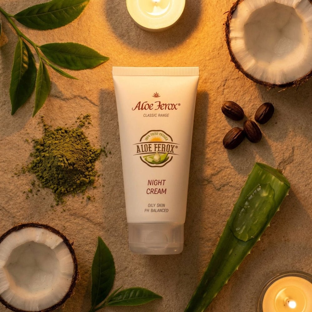Aloe Ferox night cream tube surrounded by natural elements on a textured surface
