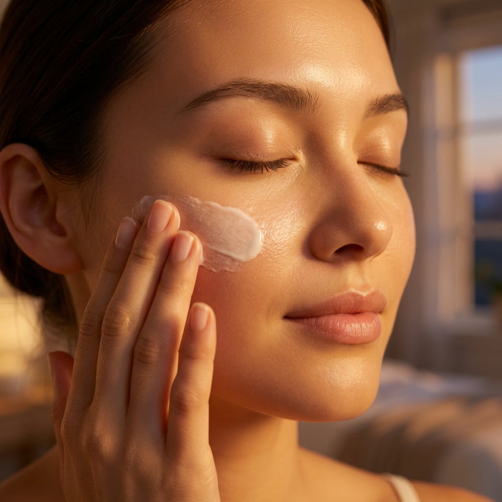 Woman applying cream to her face with a blurred indoor background