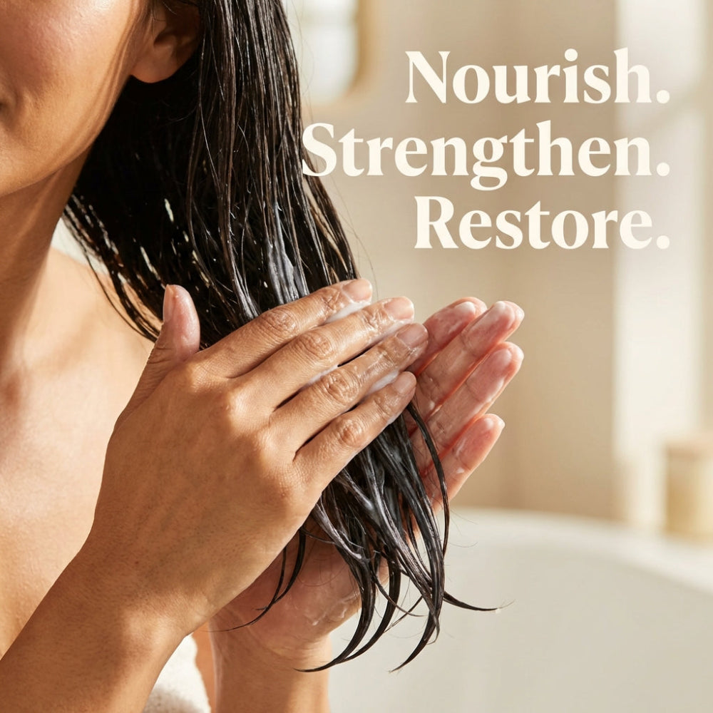 Person washing hair with text 'Nourish. Strengthen. Restore.'