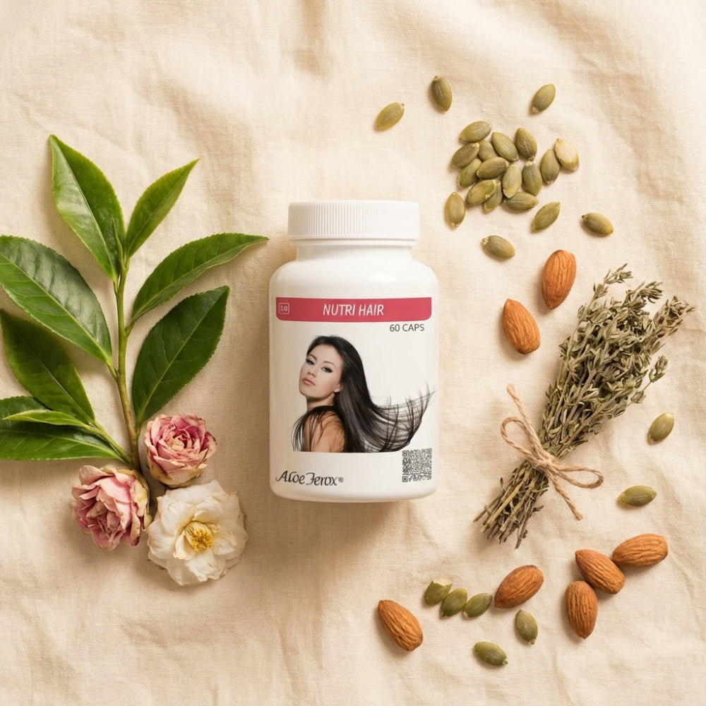 Supplement bottle labeled 'NUTRI HAIR' surrounded by green leaves, flowers, and nuts on a beige fabric background.