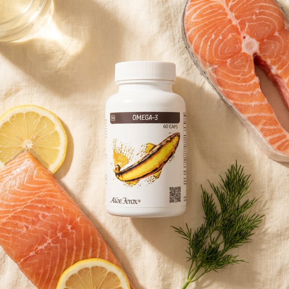 Omega-3 Aloe Ferox supplement bottle with salmon and lemon on a beige surface