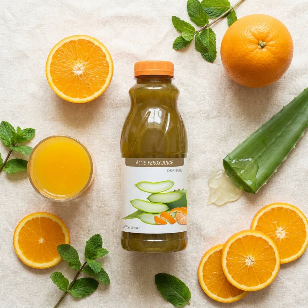 Bottle of aloe ferox juice with oranges and aloe leaves on a light background