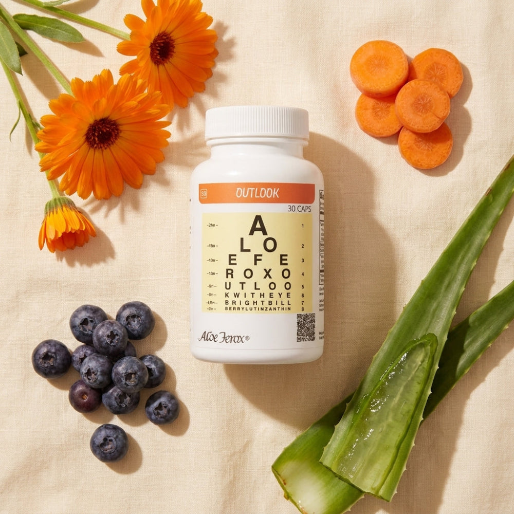 Aloe ferox supplement bottle with aloe vera leaves, blueberries, and carrots on a beige background