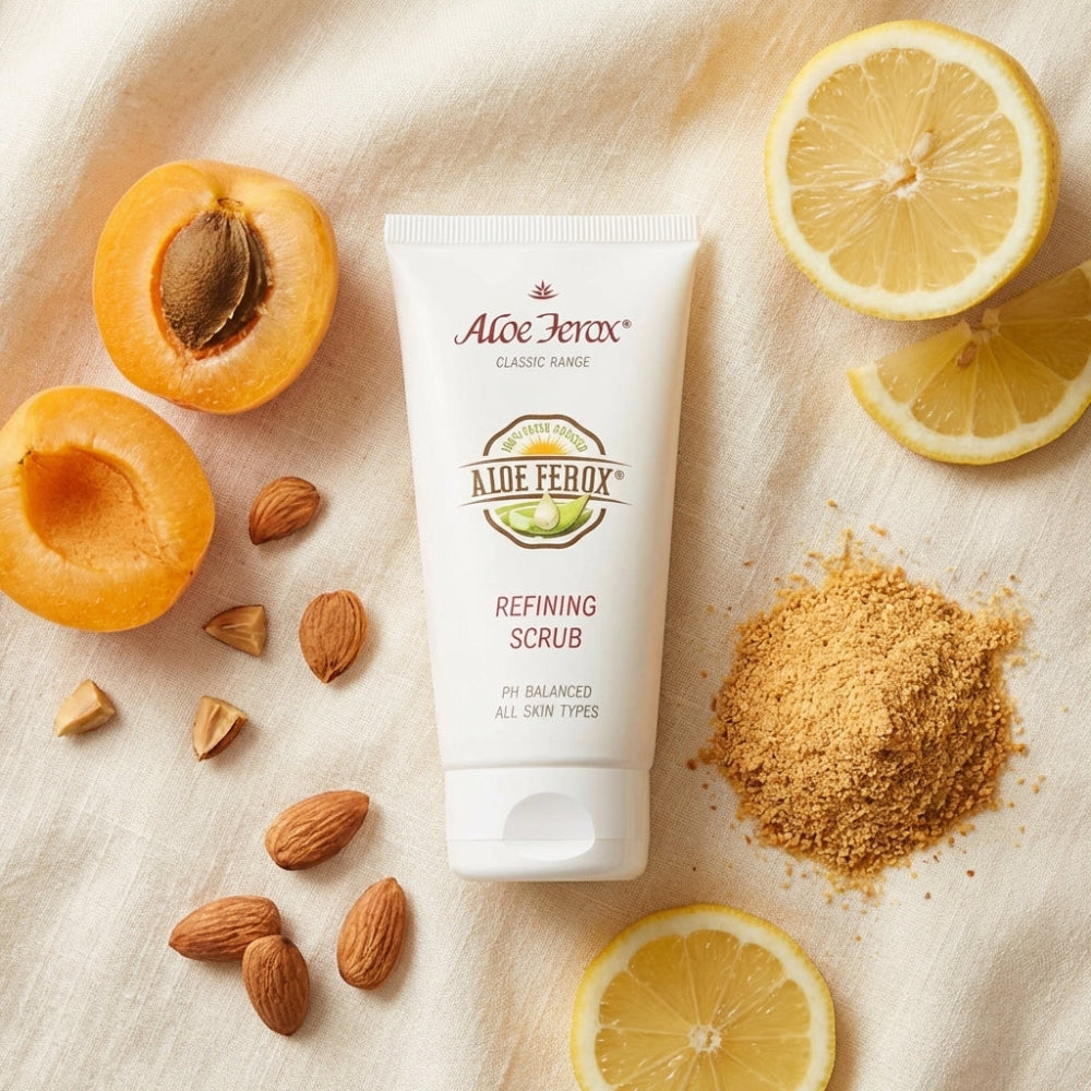 Aloe ferox refining scrub in a tube surrounded by apricot, lemon slices and almonds