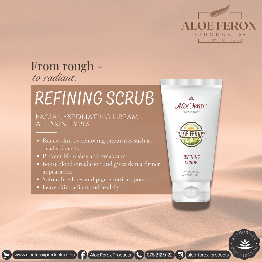Aloe Ferox Refining Scrub packaging with product description on a beige background