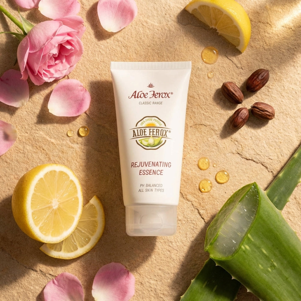 Aloe Ferox rejuvenating essence tube surrounded by aloe ferox leaves, lemons, and pink roses on a beige background.