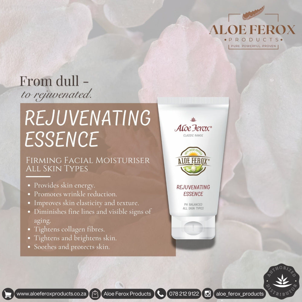 Aloe Ferox Rejuvenating Essence tube with product details on a floral background