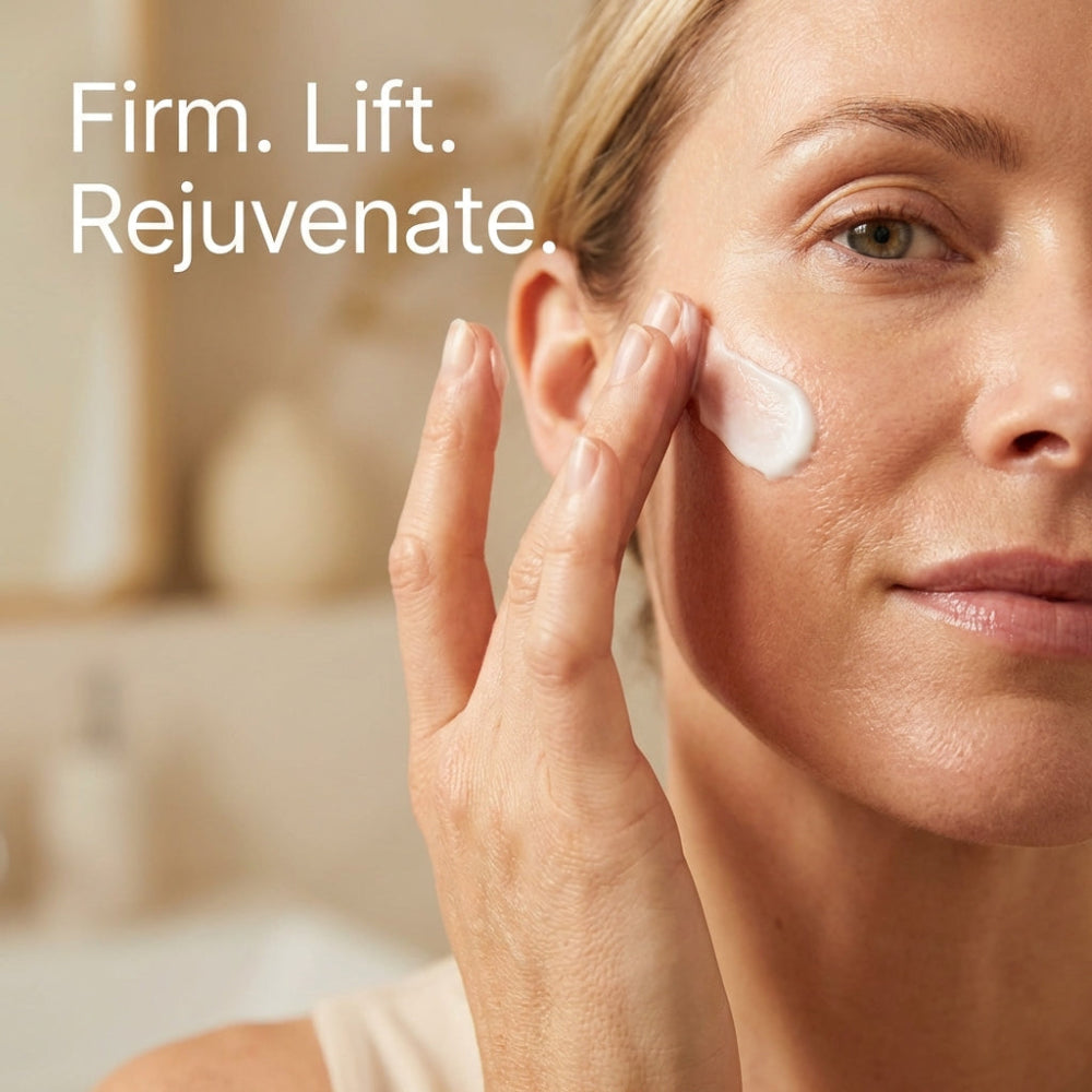 Woman applying cream to her face with text 'Firm. Lift. Rejuvenate.'