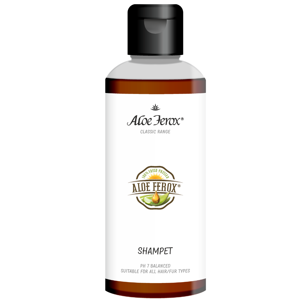 A bottle of Aloe Ferox shampoo on a white background
