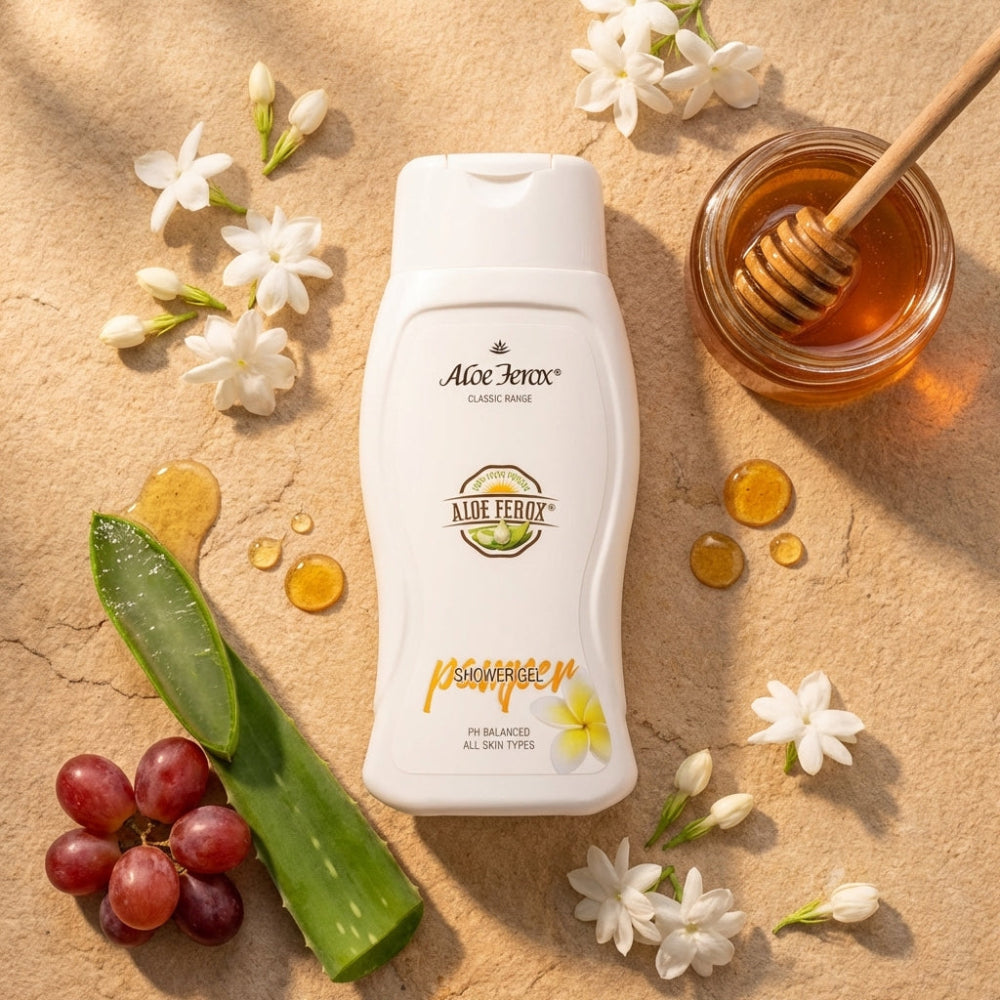 Aloe Ferox shower gel bottle with aloe ferox leaf, grapes, and honey on a beige background