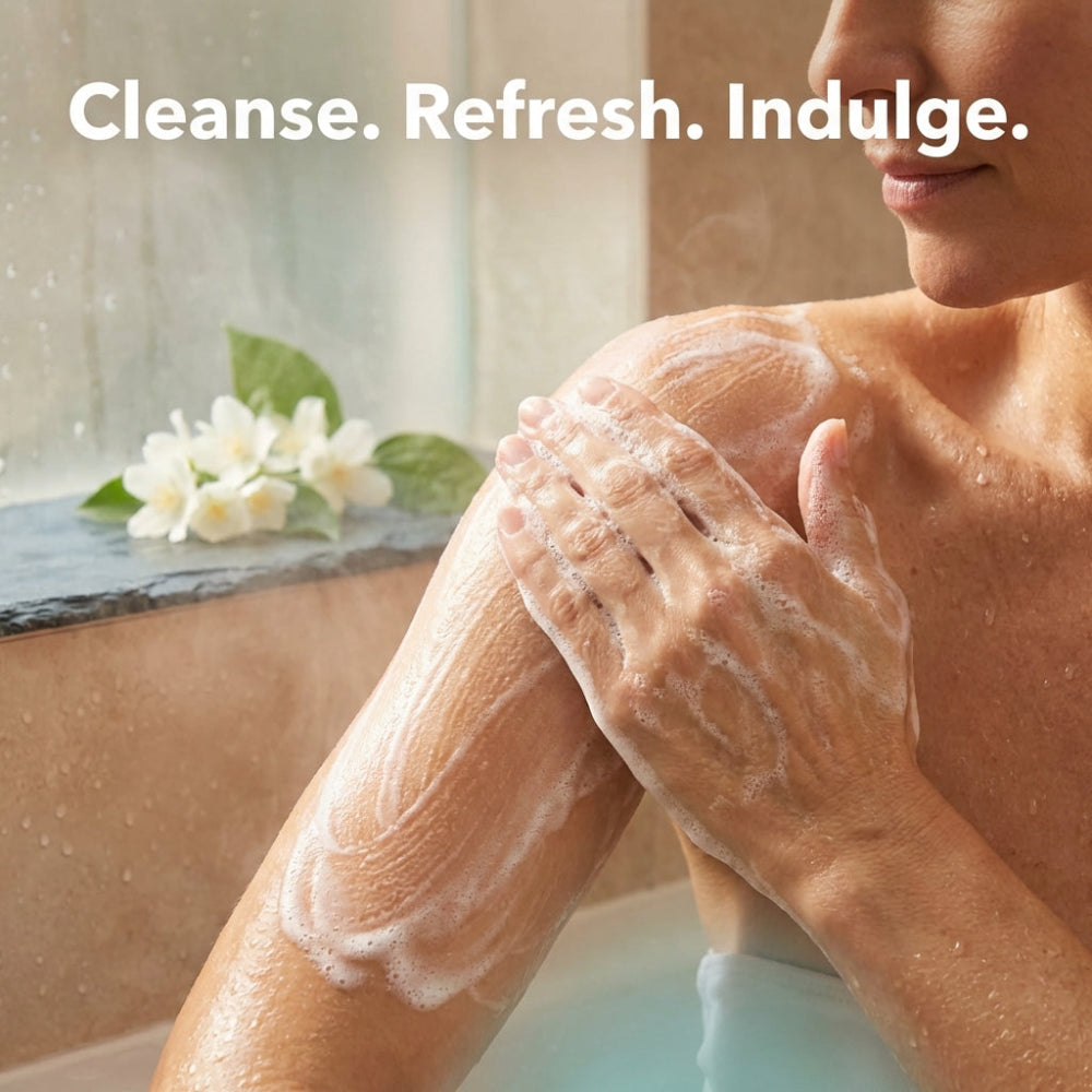 Person applying soap to their arm with a serene background and text 'Cleanse. Refresh. Indulge.'