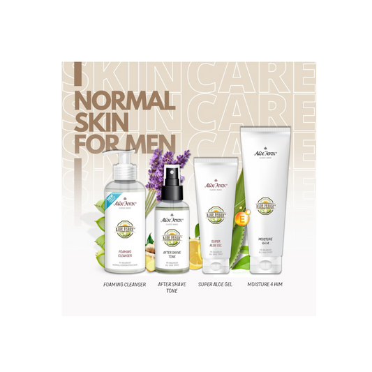 Skincare Set for Men with normal skin containing Foaming Cleanser, Aftershave Tone, Super Aloe Gel and Moisture for HIm.