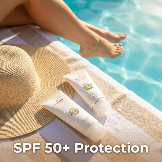 Two bottles of sunscreen with a sun hat on a towel by a pool, emphasizing SPF 50+ protection. Aloe ferox