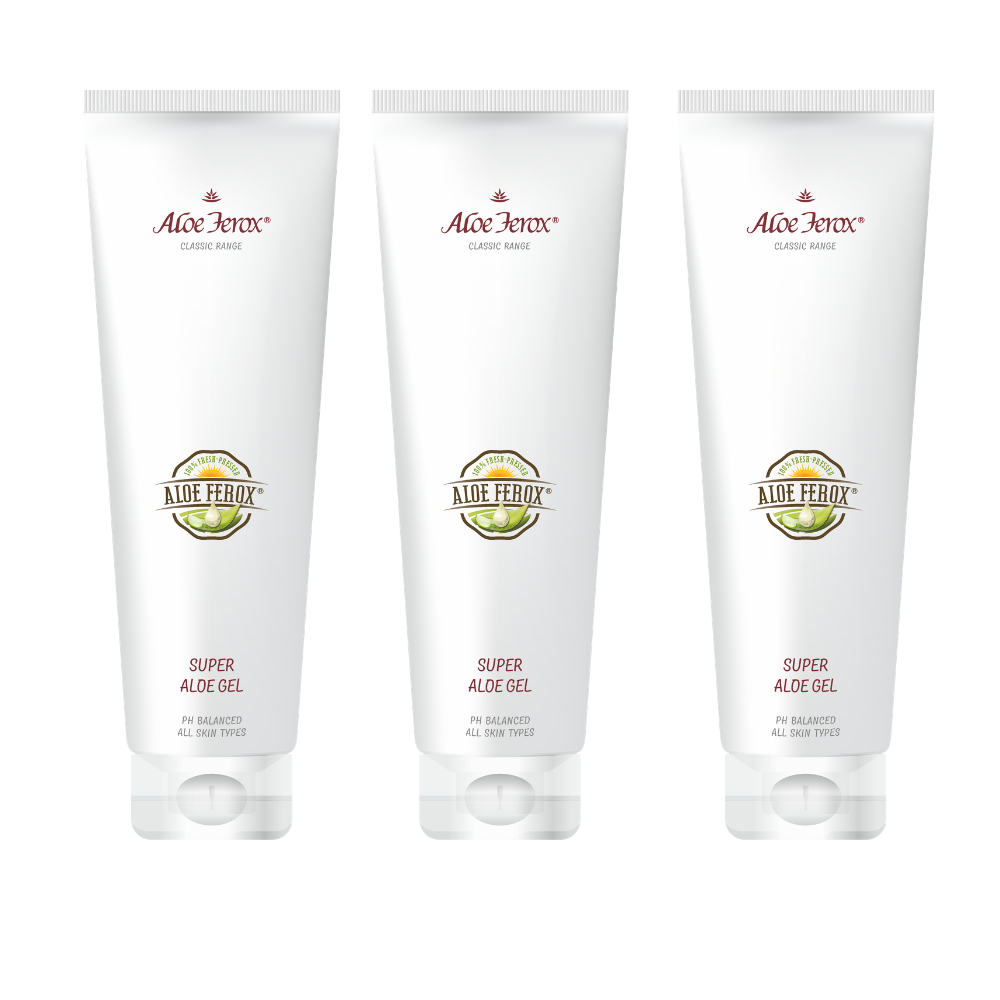 Three tubes of Aloe Ferox Super Aloe Gel on a white background